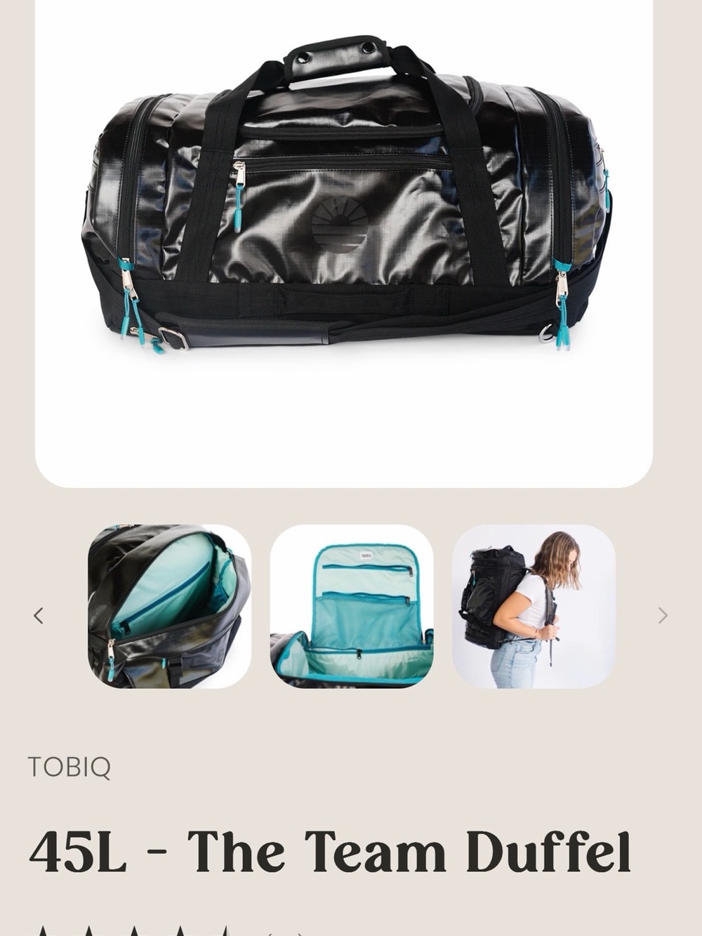 TOBIQ 45L Team Duffel/Backpack Bag - water resistant- Black